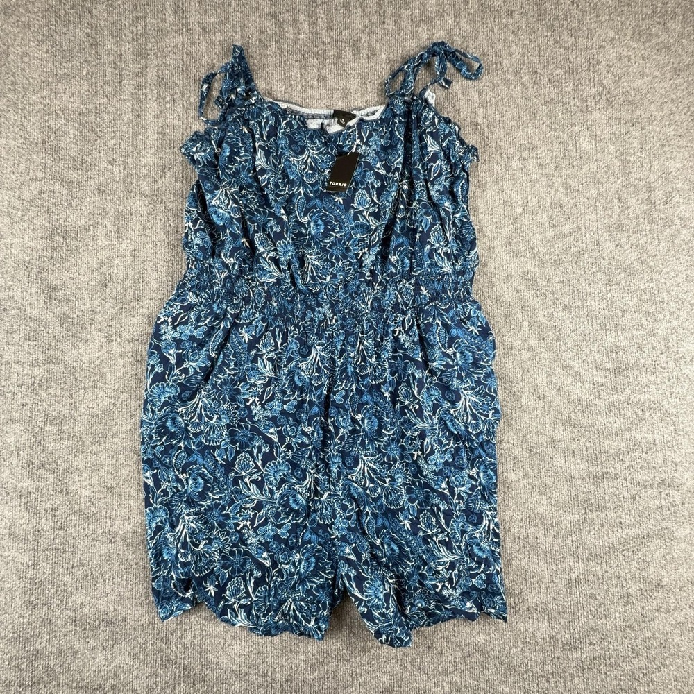 Torrid Romper Womens 4X Blue Floral Challis Tie Straps Elastic Waist Scoop Neck